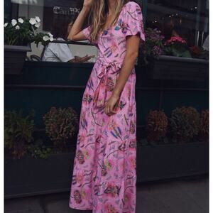 Smith & Quinn Lane Pink Floral Short Sleeves Tie Waist Maxi Dress Women’s Small